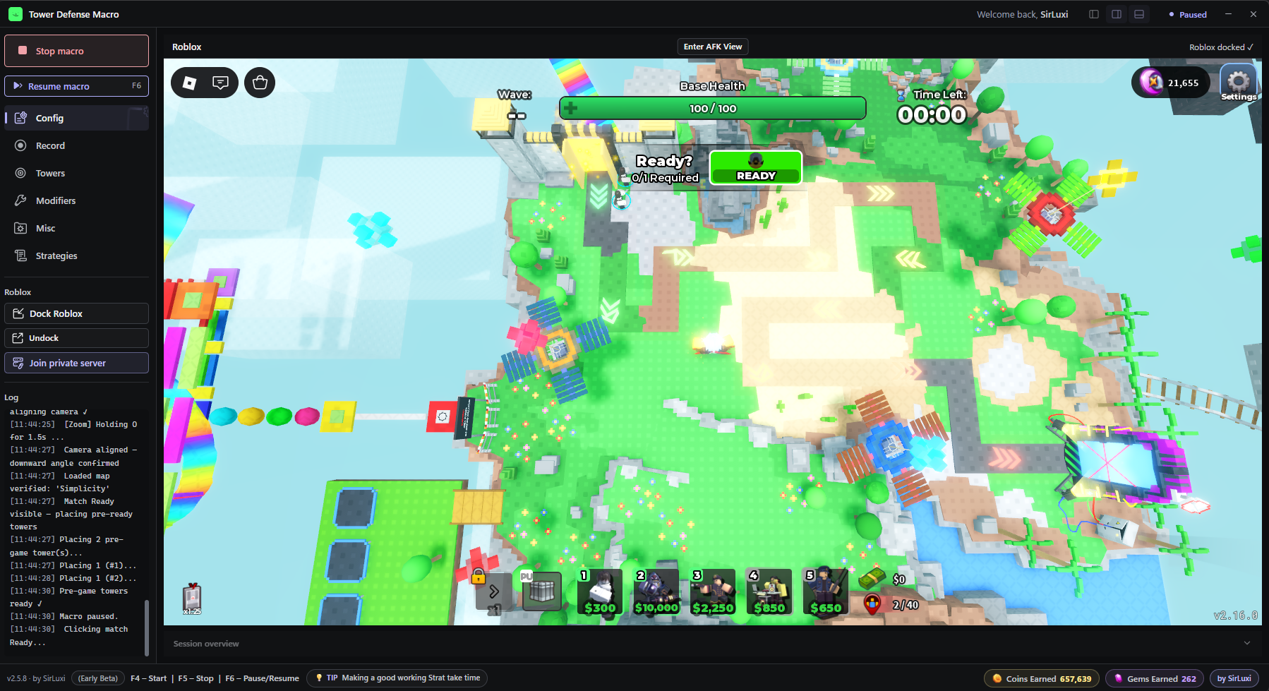 NoName Macro showing Roblox beside the macro controls and live log
